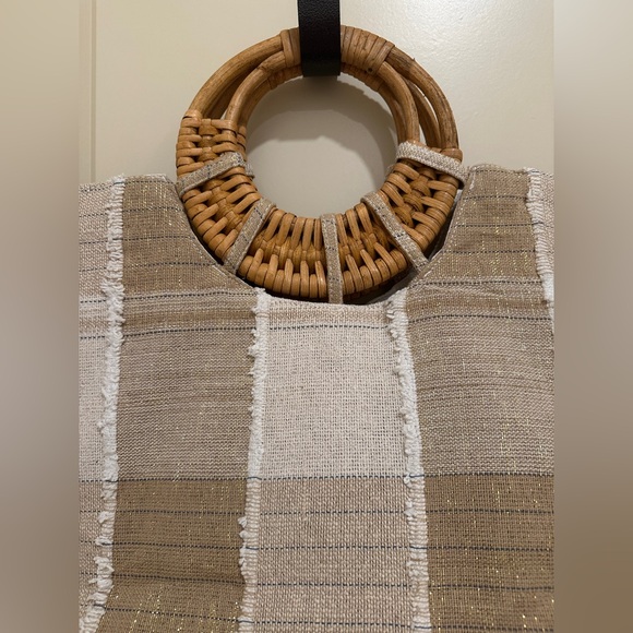 NEW w/TAGS L*Space Deep Seas Tan and White Beach Tote Bag with Bamboo Handle - Picture 9 of 9